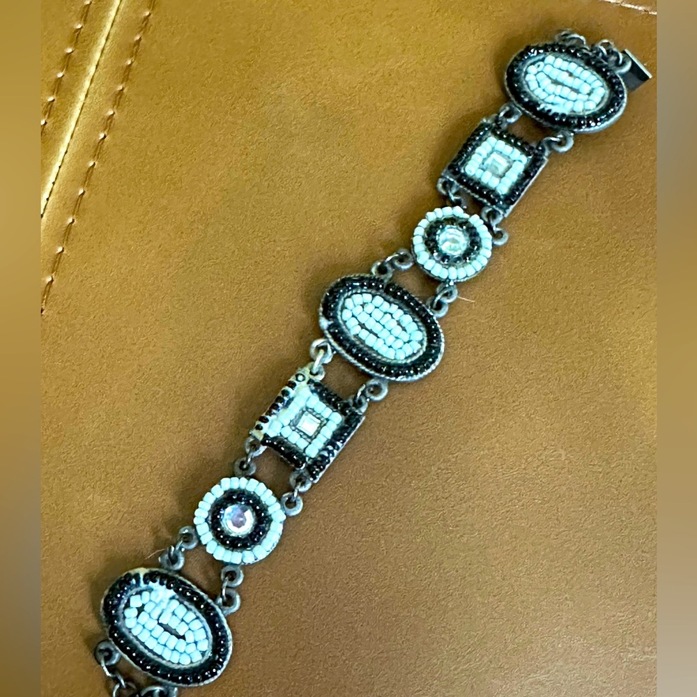 Vintage Marc Labat Beaded Bracelet, black/white set in pewter metal